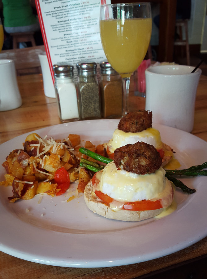 Crab cake topped eggs Benedict at Boatyard Bar and Grill in Annapolis, Maryland. www.casualtravelist.com