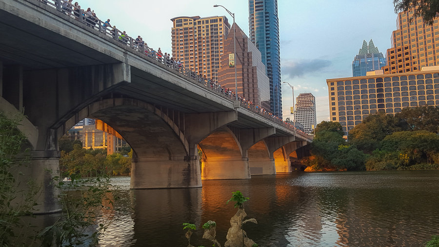 From April to October crowds gather at sunset along Austin's South Congress bridge to watch a cloud of over 750,000 bats leave their roost under the bridge to fly into the night sky. www.casualtravelist.com